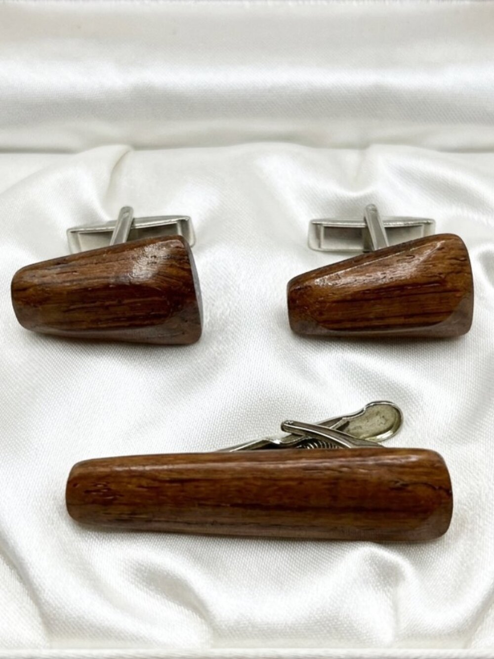 Vintage Cuff links & Tie Clip Dark Brown Wood Silver Tone Artisan Made in Canada